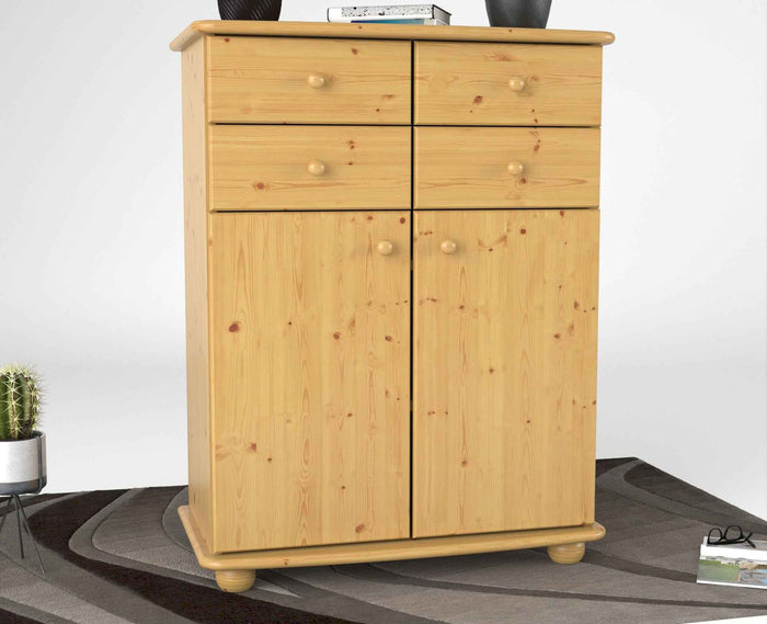 Anika Kommode Sideboard aus 100% Bio Kiefer Massivholz | 2-Türig | 4 Schubladen Anrichte