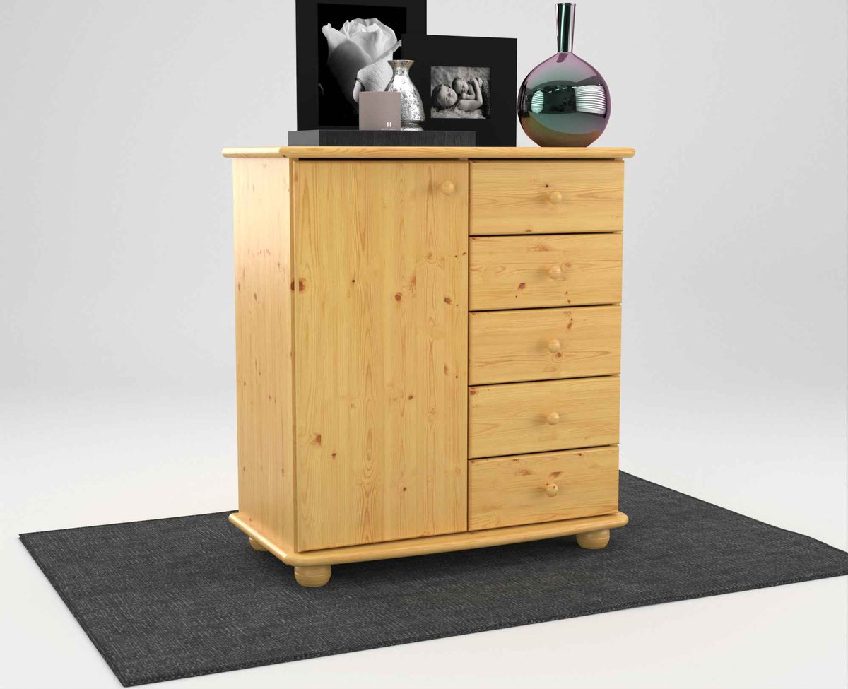 Anika Kommode Bio Kiefer Massivholz | Sideboard mit 5 Schubladen und 1 Tür