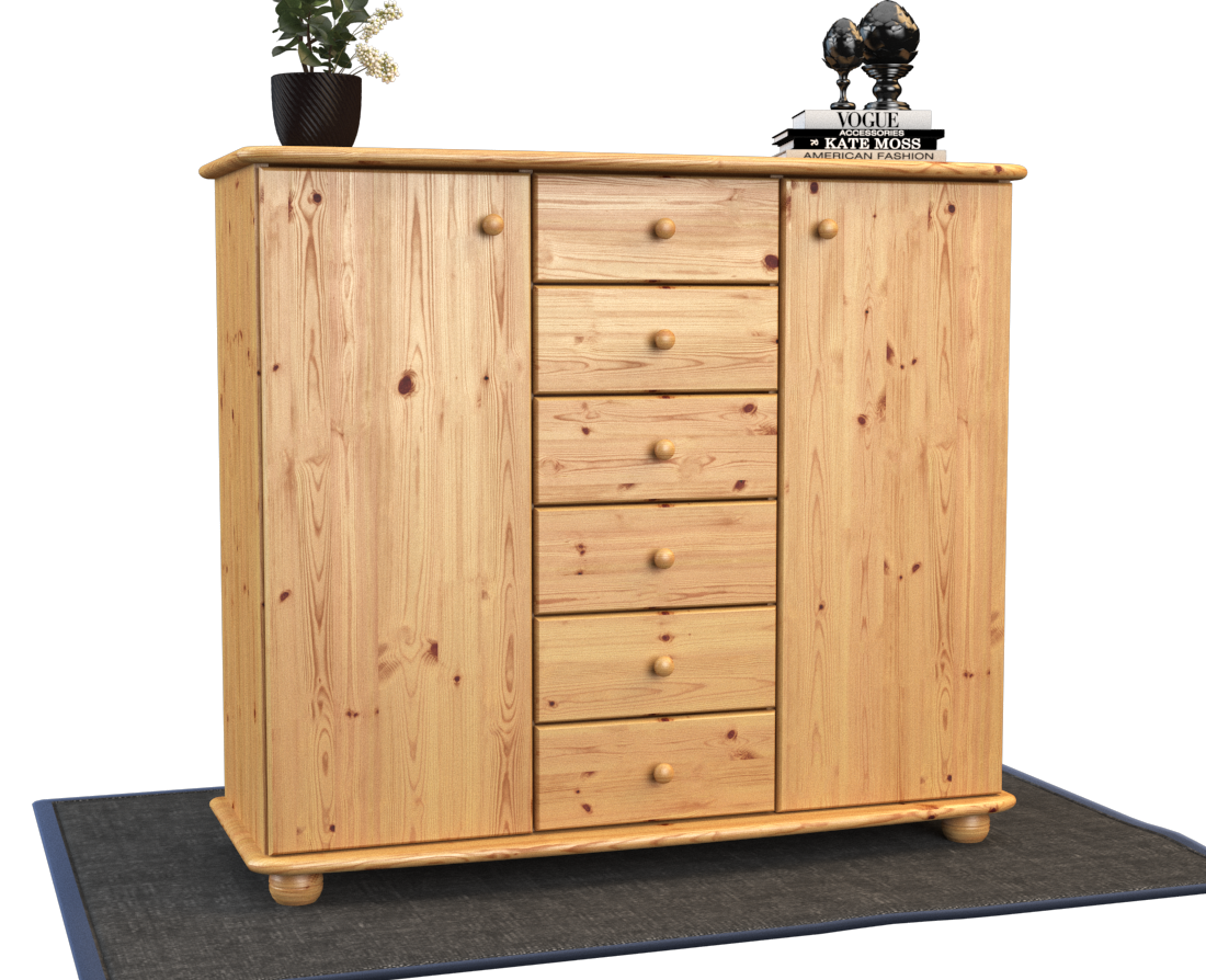 Anika Kommode Bio Kiefer Massivholz | 2-Türig Sideboard mit 6 Schubladen