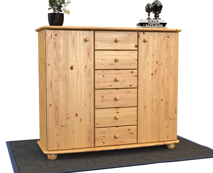 Anika Kommode Bio Kiefer Massivholz | 2-Türig Sideboard mit 6 Schubladen