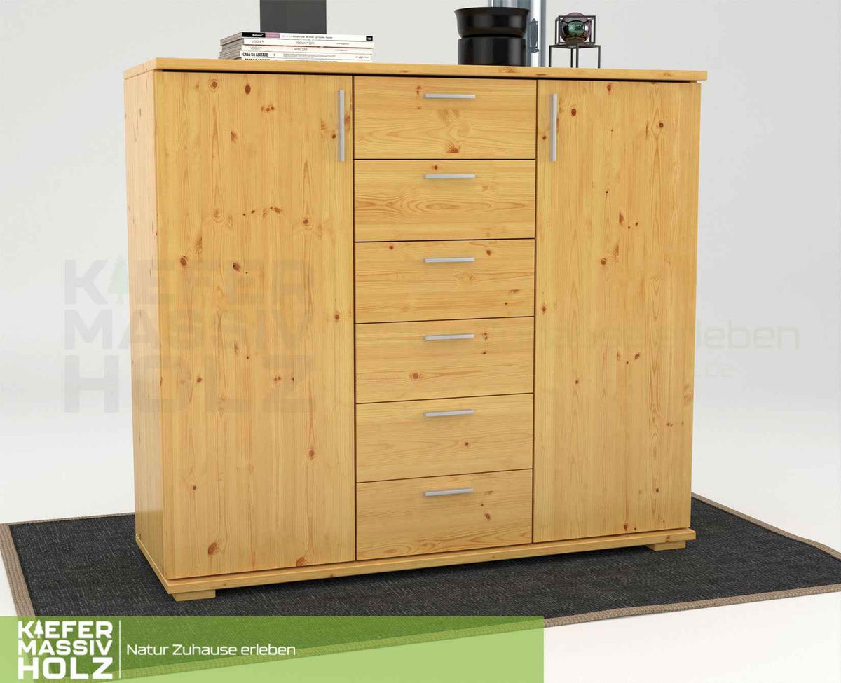 Nobis Kommode aus massivem Kiefernholz | Sideboard mit 2 Türen und 6 Schubladen | 107 cm hoch | 100% Bio Kiefer Massivholz