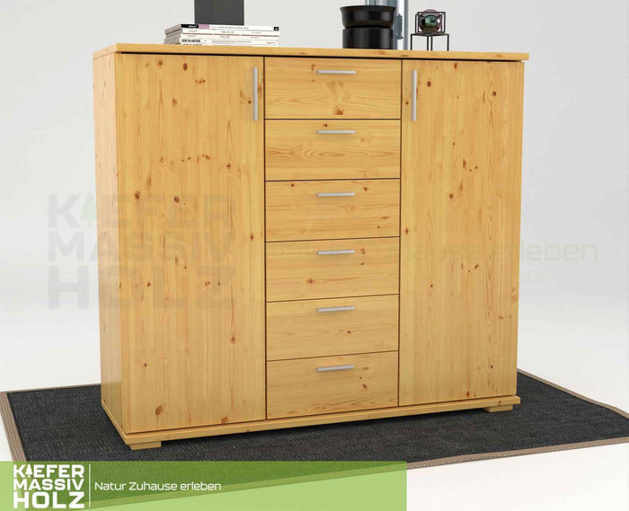 Nobis Kommode aus massivem Kiefernholz | Sideboard mit 2 Türen und 6 Schubladen | 107 cm hoch | 100% Bio Kiefer Massivholz