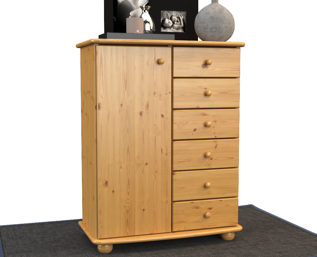 Anika Kommode 100% Bio Kiefer Massivholz | Sideboard mit 6 Schubladen und 1 Tür aus solidem Holz
