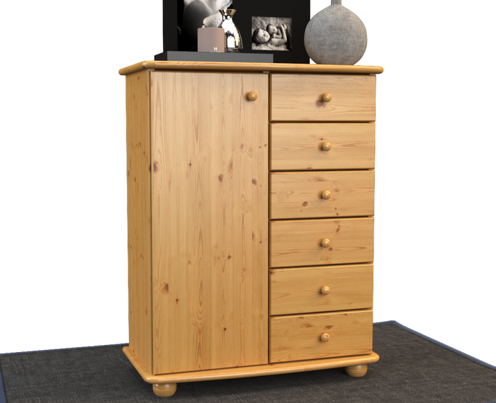 Anika Kommode 100% Bio Kiefer Massivholz | Sideboard mit 6 Schubladen und 1 Tür aus solidem Holz