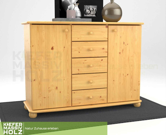 Einzelnafertigung Anika Kommode Bio Kiefer Massivholz | Sideboard mit 1 Türen und 5 breite Schubladen