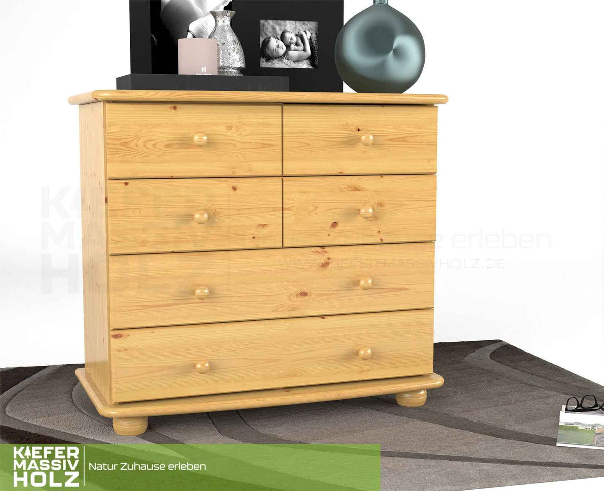 Claudia Kommode Bio Kiefer Massivholz | Sideboard mit 6 Schubladen | Anrichte aus 100% nachhaltigem Holz