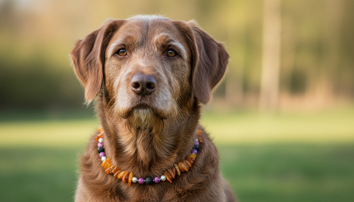 Hunde Bernsteinkette mit Lava  und Sugilith Länge 45cm