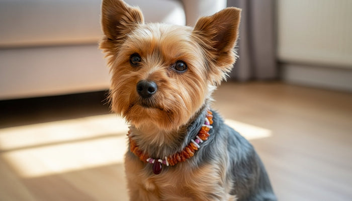 Bernsteinkette für Hunde – Unikat mit Sugilith & Koralle (25 cm)