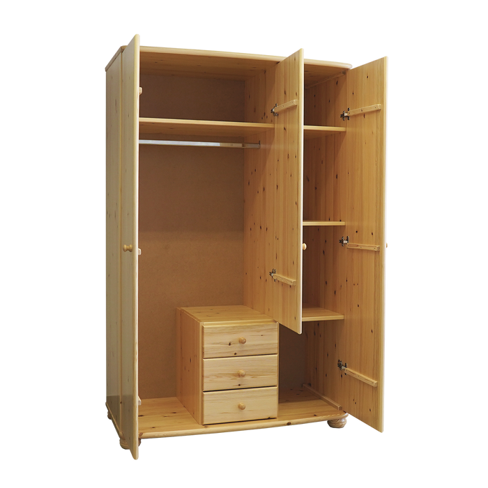 Claudia Hotel Kleiderschrank Bio Kiefer | 3 Türen | 3 Schubladen | Regalböden aus massivem Holz