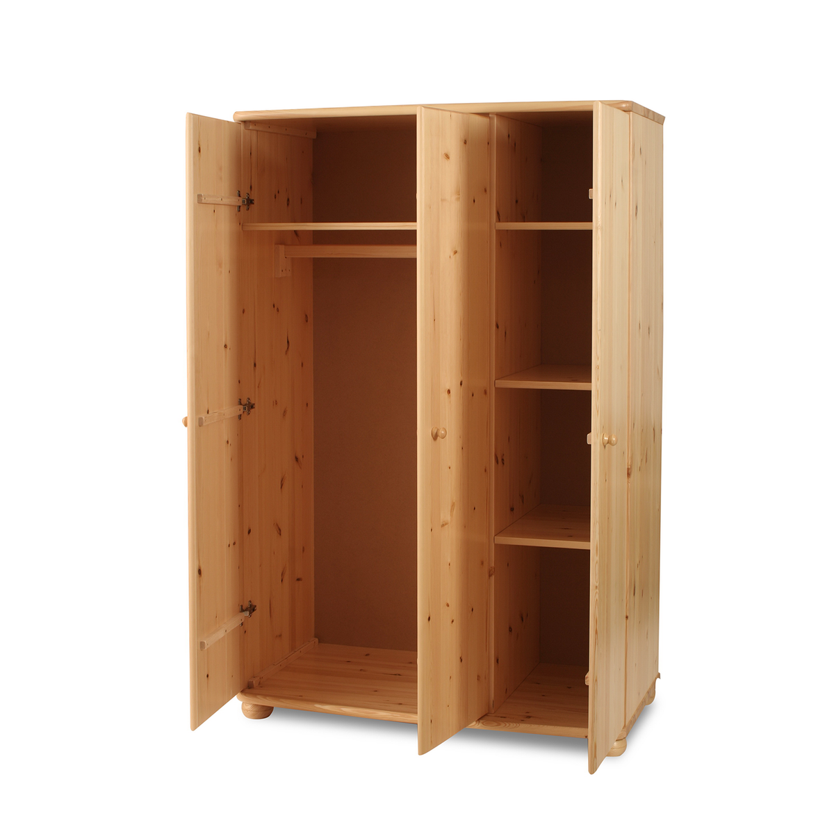 Claudia Kleiderschrank aus Bio Kiefer Massivholz | 3-Türig mit 5-Regalböden und Kleiderstange