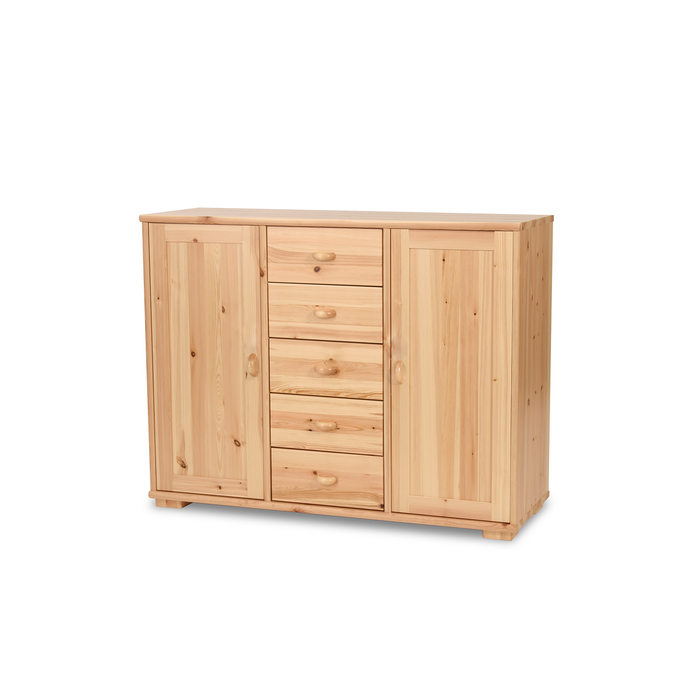 Vanessa Kommode Bio Massivholz Kiefer | 2-Türig Anrichte mit 5-Schubladen aus 100% Bio Holz