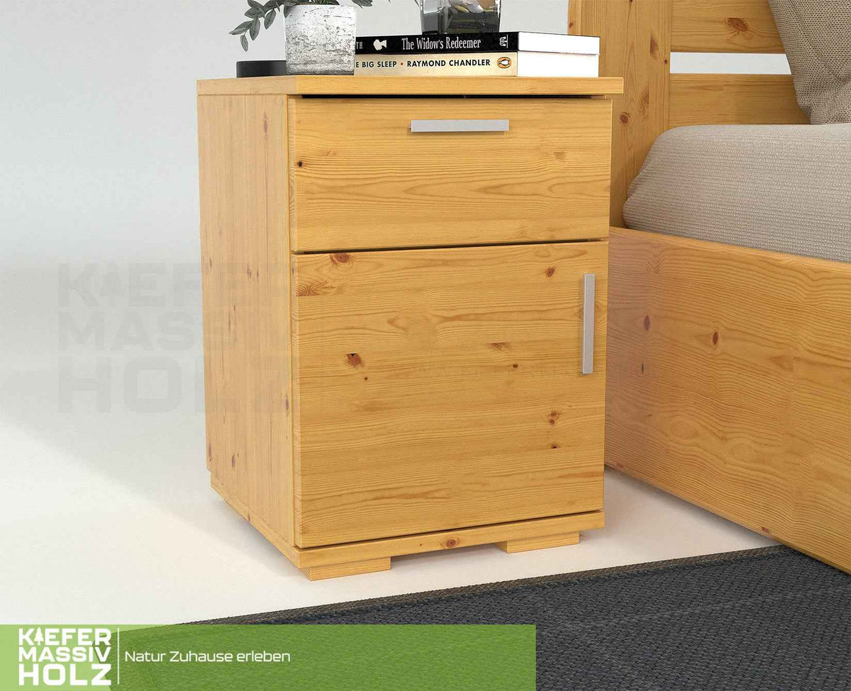 Nobis Kiefer Nachttisch | Massivholz Nachtschrank mit 1 Schublade und 1 Tür | 100% Bio Kiefer