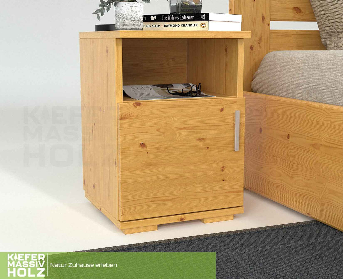 Nobis Kiefer Nachttisch 100% Bio | Massivholz Nachtschrank mit 1 Tür und 1 Regal