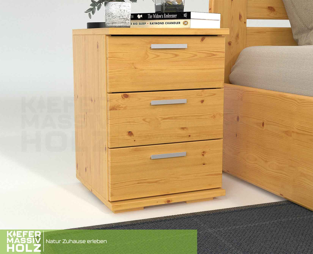 Nobis Kiefer Nachttisch 3-Schubladen | Massivholz Nachtschrank aus 100% Bio Kiefer