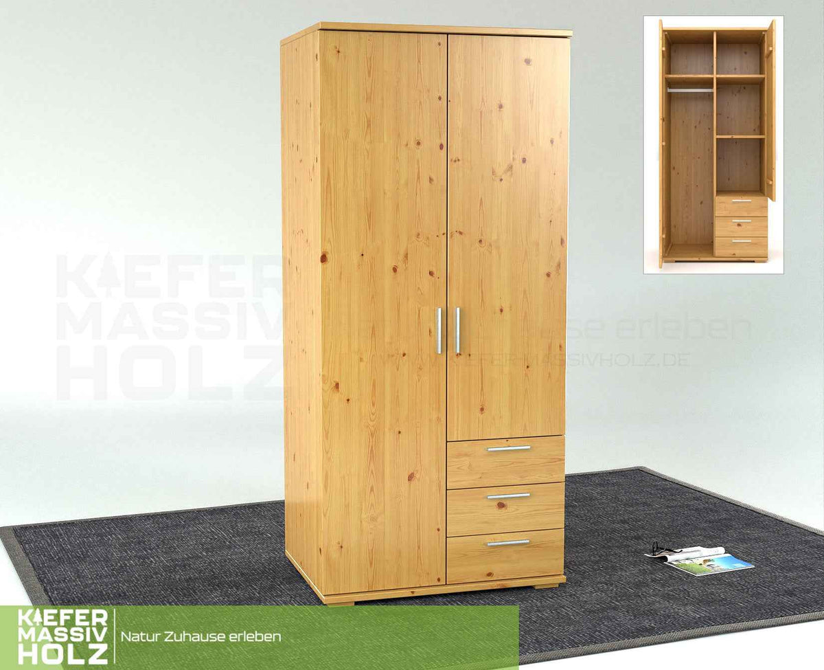 Nobis Kleiderschrank Bio Kiefer Massivholz | 2-türig mit Kleiderstange & 3 Schubladen