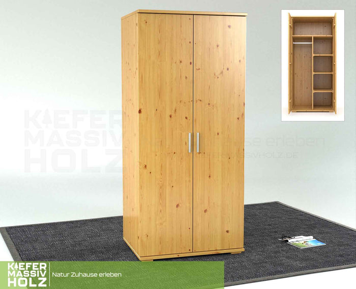 Nobis Kleiderschrank Bio Kiefer | 2-Türig mit Kleiderstange und Regalen aus 100% massivem Holz