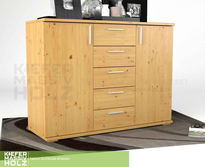 Nobis Kommode Bio Kiefer Massivholz 120-er | 5-Schubladen Sideboard | 2-Türig Anrichte