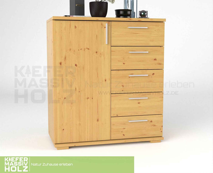 Nobis Kommode 90-er | Sideboard aus 100% Bio Kiefer Massivholz | 5-Schubladen, 1-Türig Anrichte