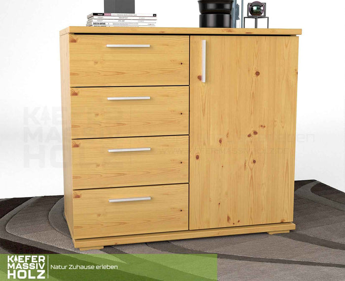 Nobis Kommode aus Bio Kiefer Massivholz | Sideboard mit 4 kleinen Schubladen und 1 Tür