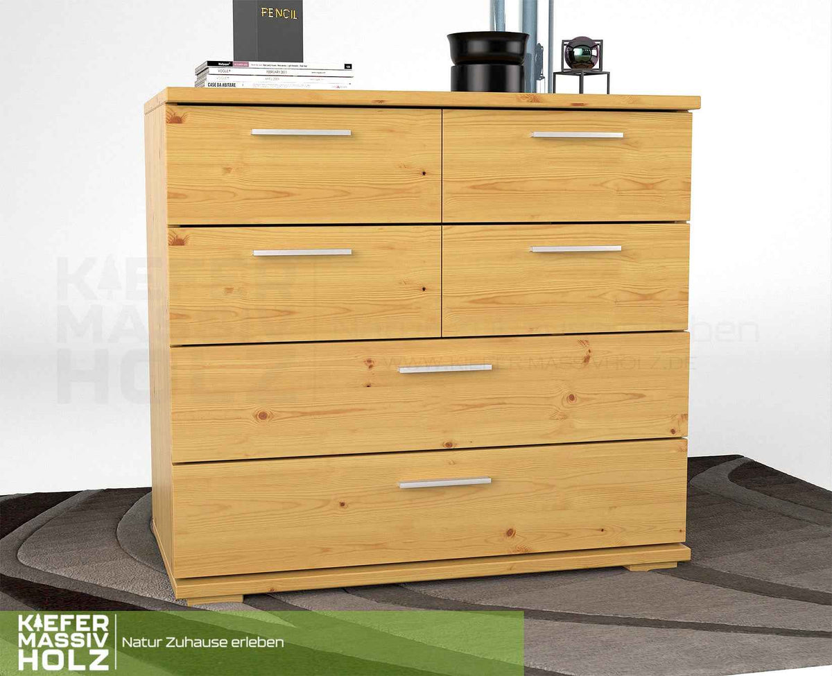 Nobis Kommode Bio Kiefer Massivholz | Sideboard mit 4 kleinen und 2 großen Schubladen | Anrichte aus 100% Bio Kiefer