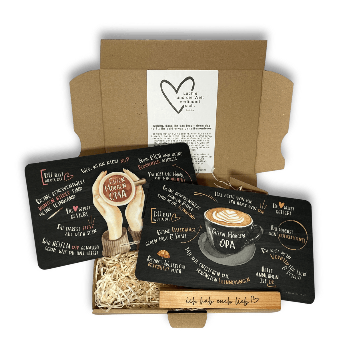 Geschenkset für Großeltern: liebevolles Frühstücksbrettchen-Set mit individualisierterem Halter in Geschenkverpackung