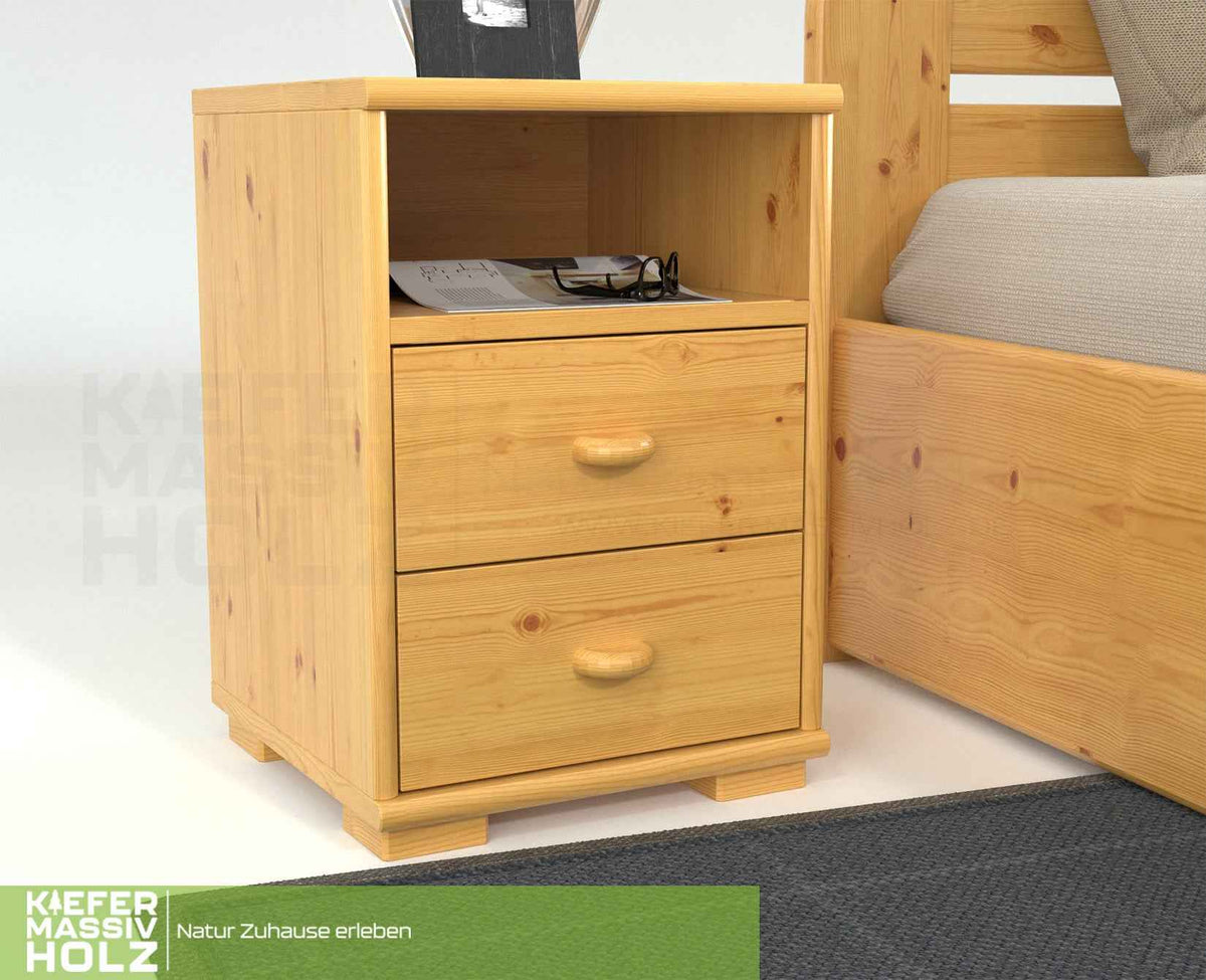 Vanessa Kiefer Massivholz Nachttisch Kiefer mit 2 Schubladen und 1 Regal aus 100% Bio Kiefer