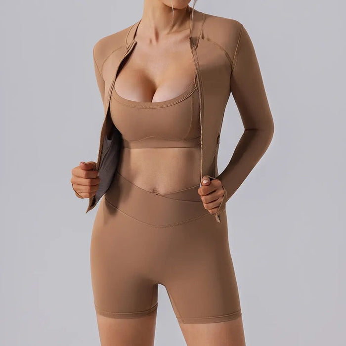 Autumn High Elastic Gym Sports Top Women Long Sleeve Cardigan Slim-fit Zipper