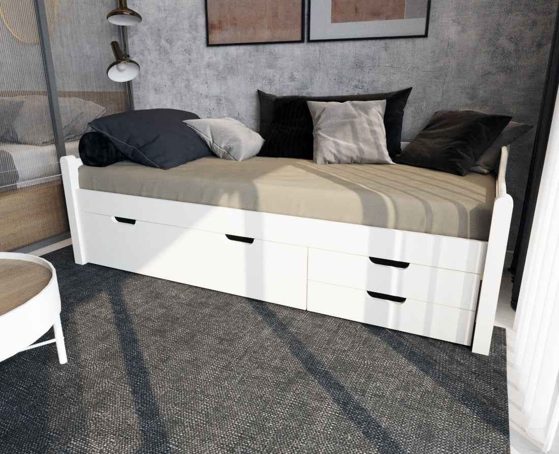 Einzelbett 90x200cm Bio-Kiefer Massivholz mit 3 Schubladen als Gästebett