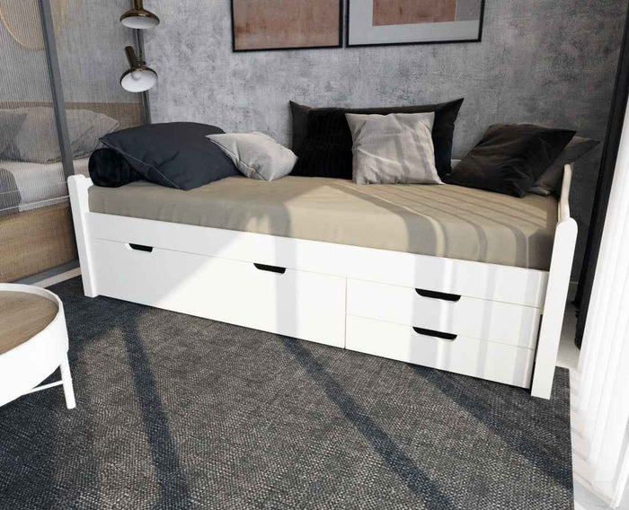 Einzelbett 90x200cm Bio-Kiefer Massivholz mit 3 Schubladen als Gästebett