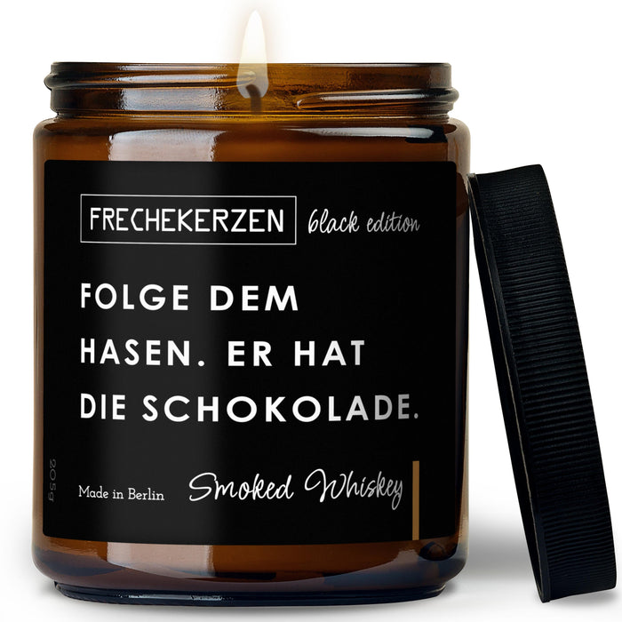 Kerze mit Spruch | folge dem hasen. er hat die schokolade.