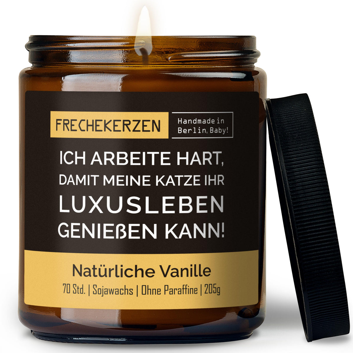 Kerze mit Spruch | ich arbeite hart, damit meine katze ihr luxusleben genießen kann!