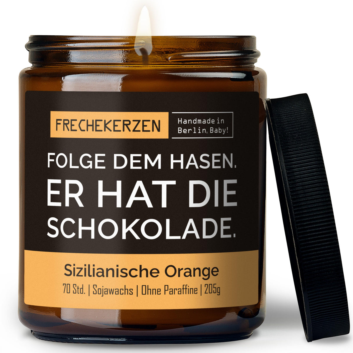 Duftkerze mit Spruch | folge dem hasen. er hat die schokolade.