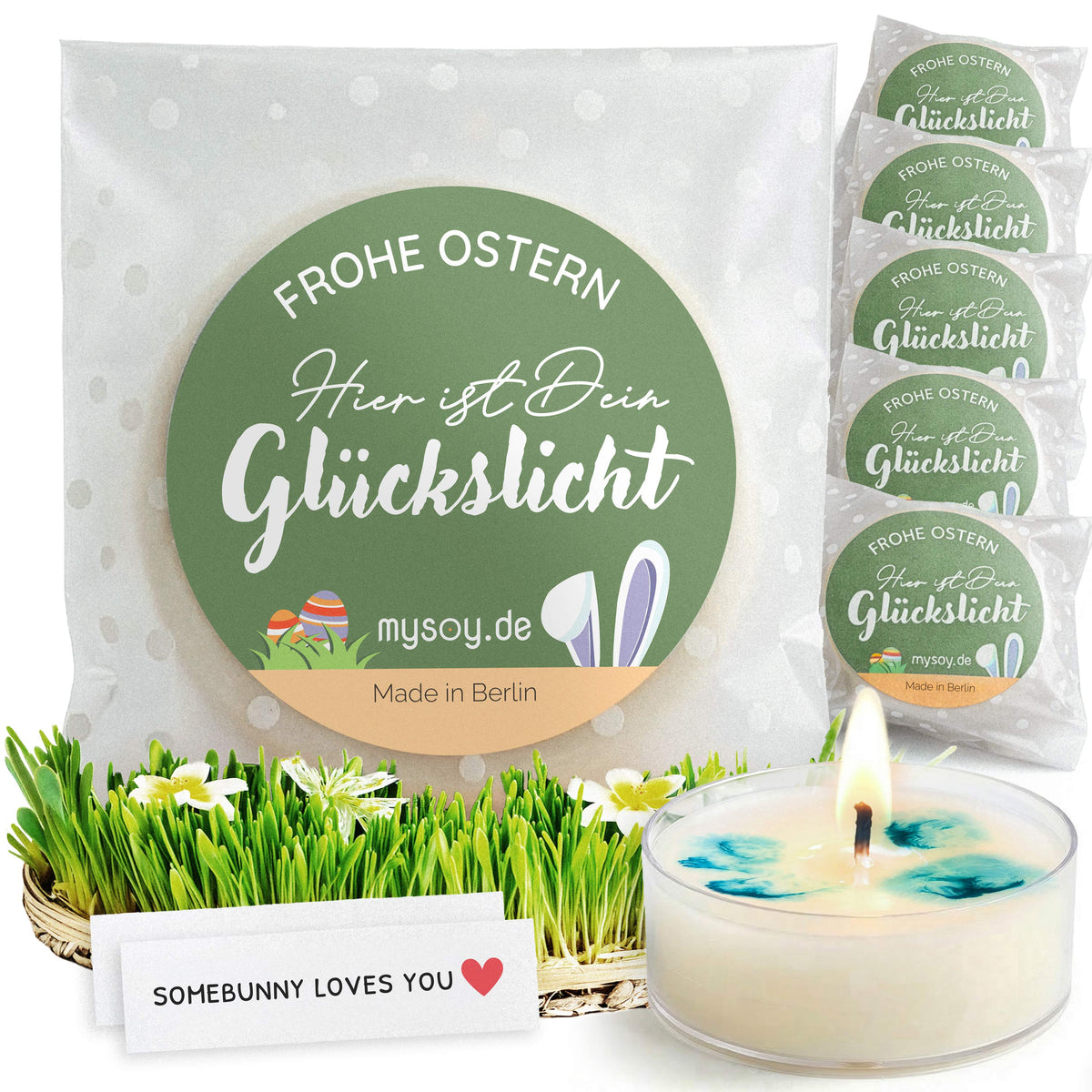 Kleine Ostergeschenke Set – Glückslicht Teelichter mit Botschaft | Made in Berlin aus Recycling-Material