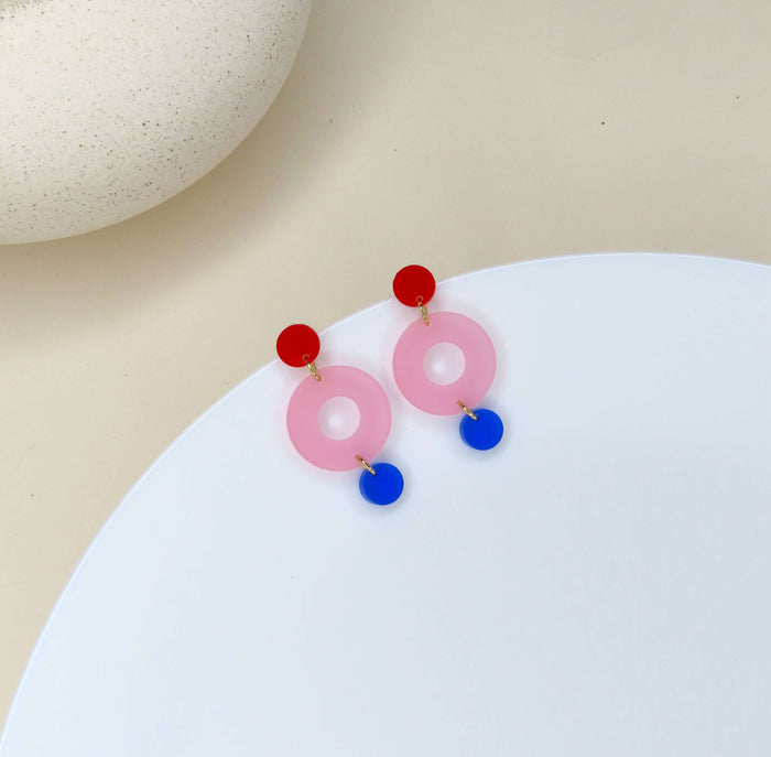 Colorblock Double Circle Ohrstecker in rot, eisrosa und tiefblau